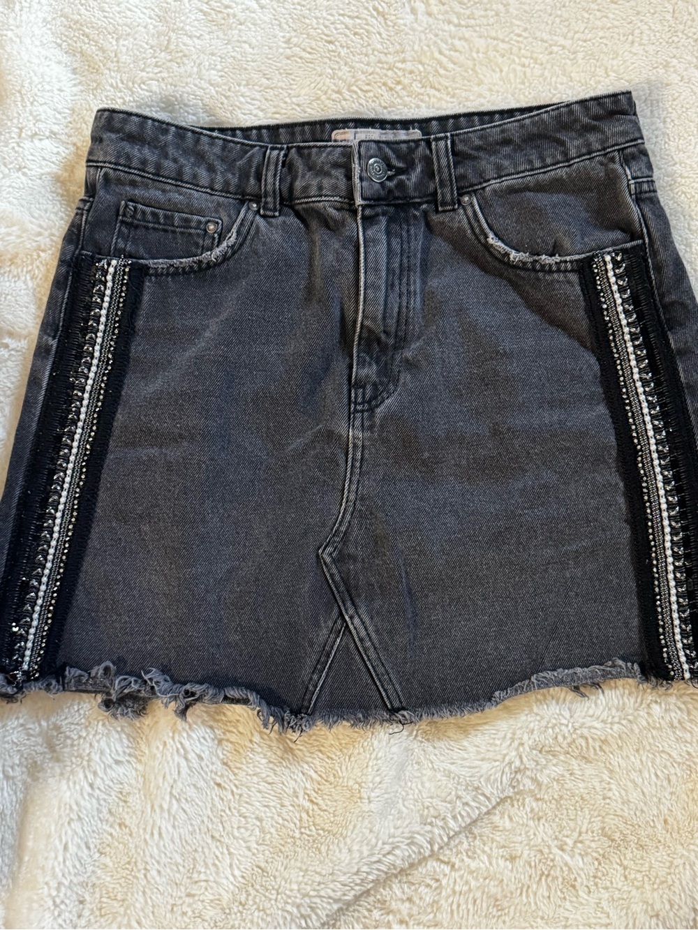 Free People Charcoal Black Embellished Frayed-Hem Denim Mini Skirt